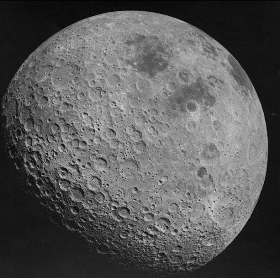 Myth 1 is that moon has a permanet dark side. This is the far side of the moon, as photographed by Apollo 16 in 1972. Notice: not dark. Image via NASA.