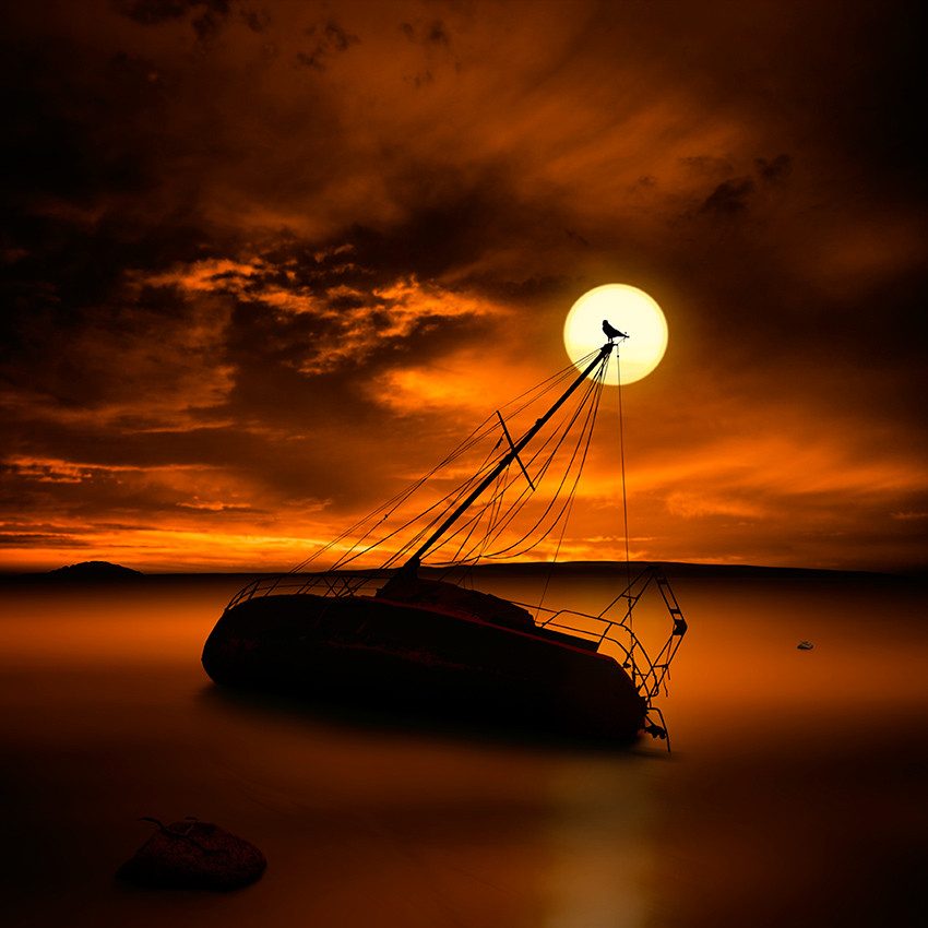 Shipwreck in full moon.