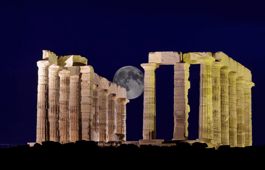 full moon Athens Poseidon temple